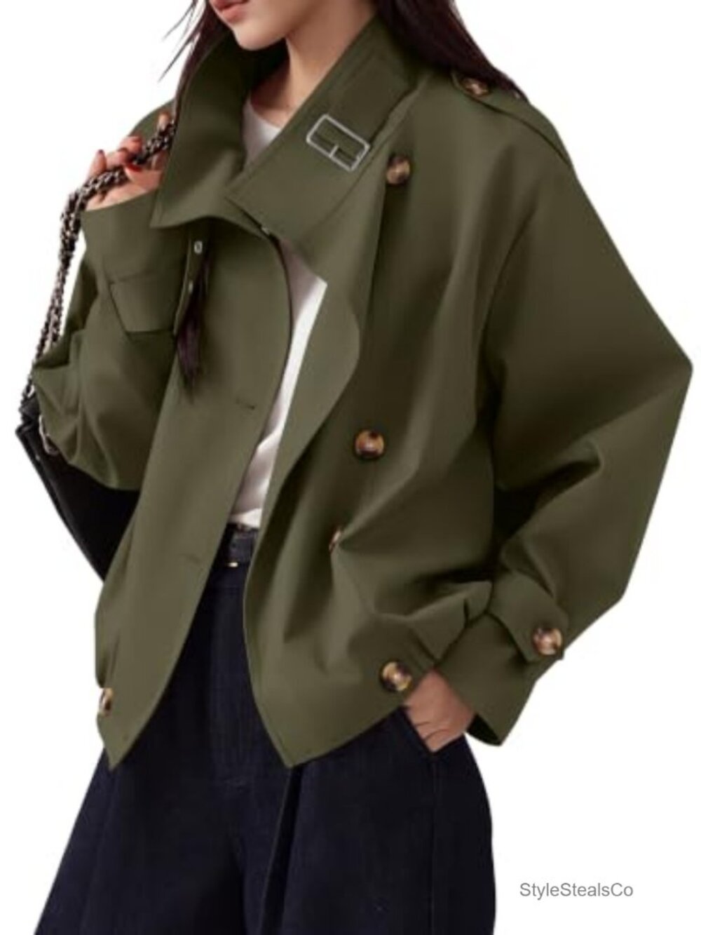 Cropped Trench Coat Vintage Button Jacket with Pockets 100% Polyester